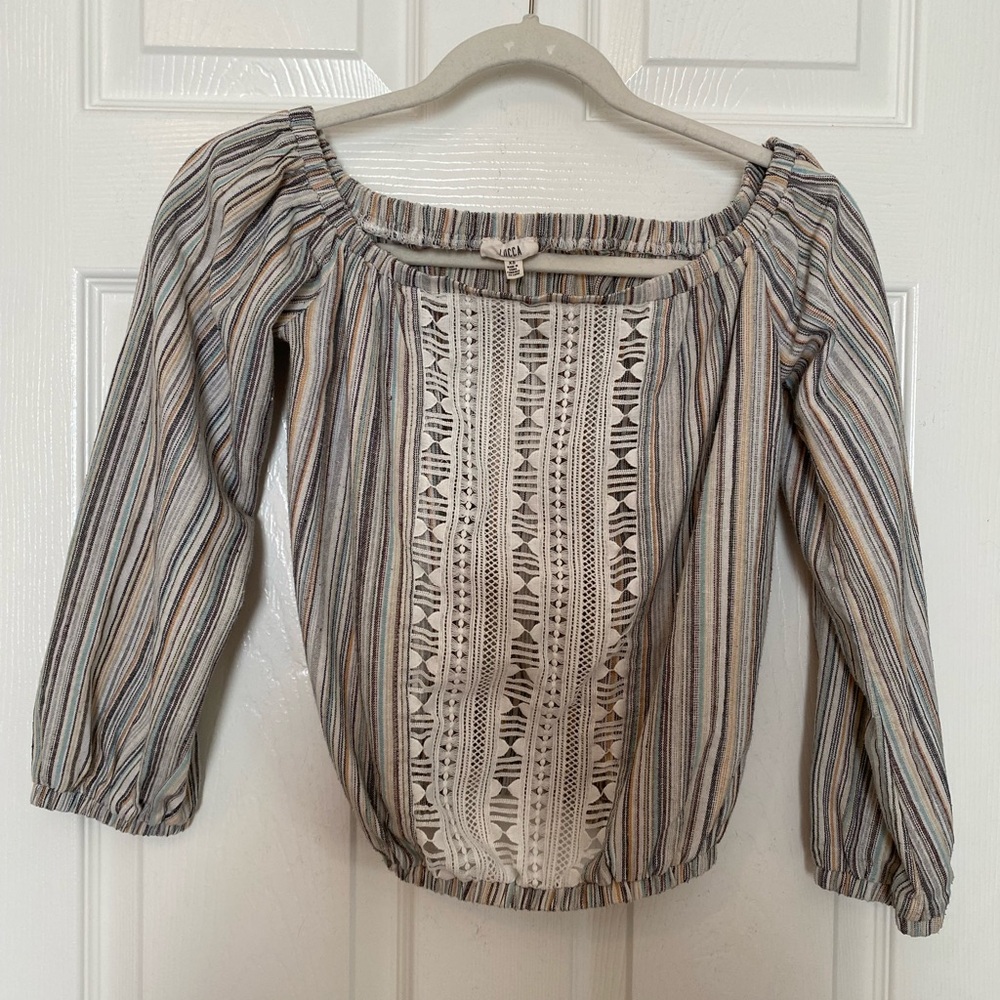 Lucca Shirt Women’s Sz  xs Off the Shoulder Beige Multicolor Stripe Linen Blend